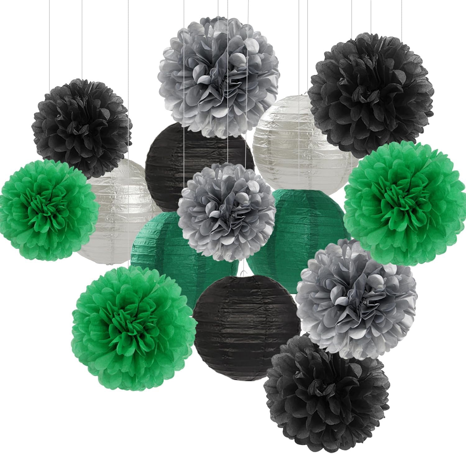 Green-Black Silver Party-Decorations Paper Flowers Lanterns - 15PCS Football Game Day Birthday Tissue Pom Poms Streamers, Bachelorette New Years Hanging Supplies Decor