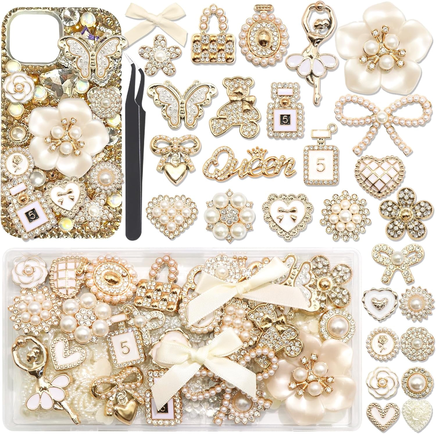 NestE- Junk Case Charms Elegant Flower Butterfly Charm for Phone Case 3D Bow Heart Bear Junk Phone Case Kit Flatback Pearls Rhinestone for Customizing DIY Craft Accessories