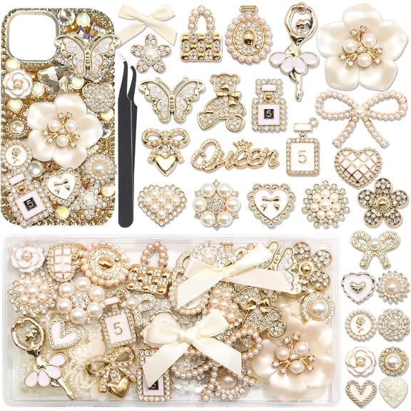 NestE- Junk Case Charms Elegant Flower Butterfly Charm for Phone Case 3D Bow Heart Bear Junk Phone Case Kit Flatback Pearls Rhinestone for Customizing DIY Craft Accessories