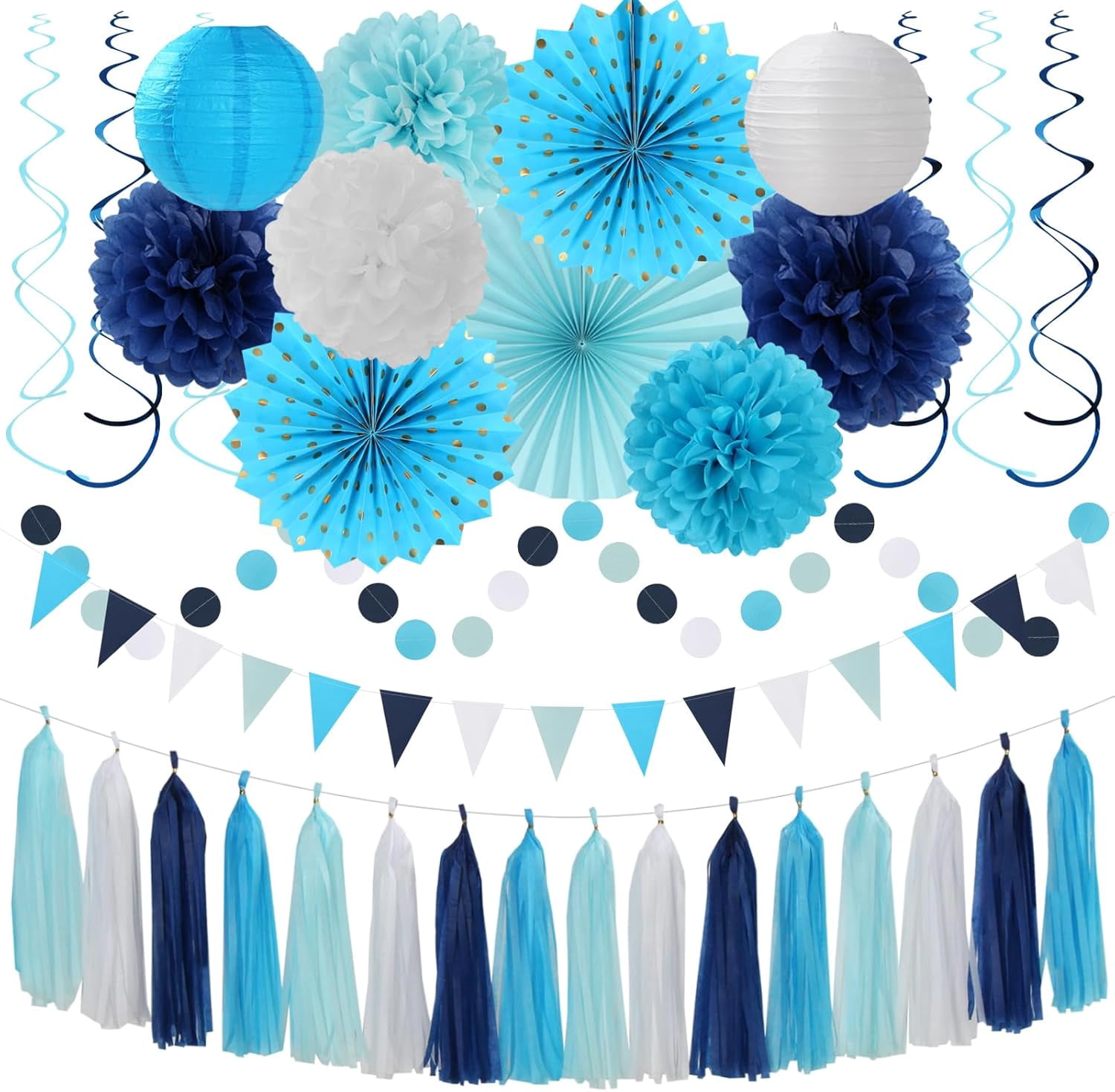 NestE Light Royal Navy-Blue White Party-Decorations - 33pcs Kits Banner, Streamers Tassel Garland,Tissue Pom Poms Honeycomb, Paper Lantern Fans,Birthday Bachelorette Bridal Wedding Baby Shower Decor