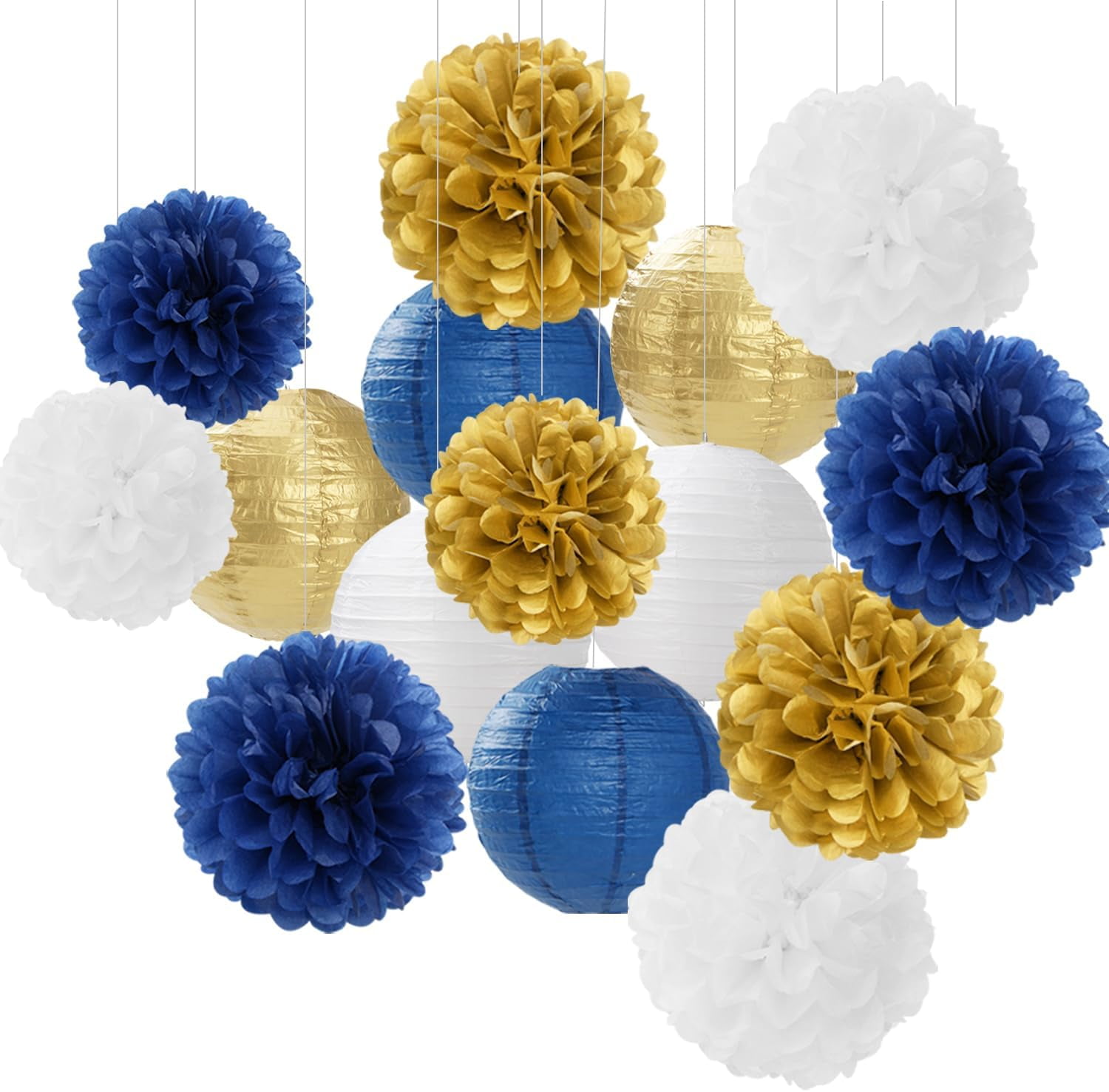 NestE-Navy-Blue Gold Party-Decorations Paper-Flowers Lanterns - 15PCS Royal White Baby Bridal Shower Tissue Pom Poms Streamers, Bachelorette Birthday Wedding Graduation Hanging Supplies Decor
