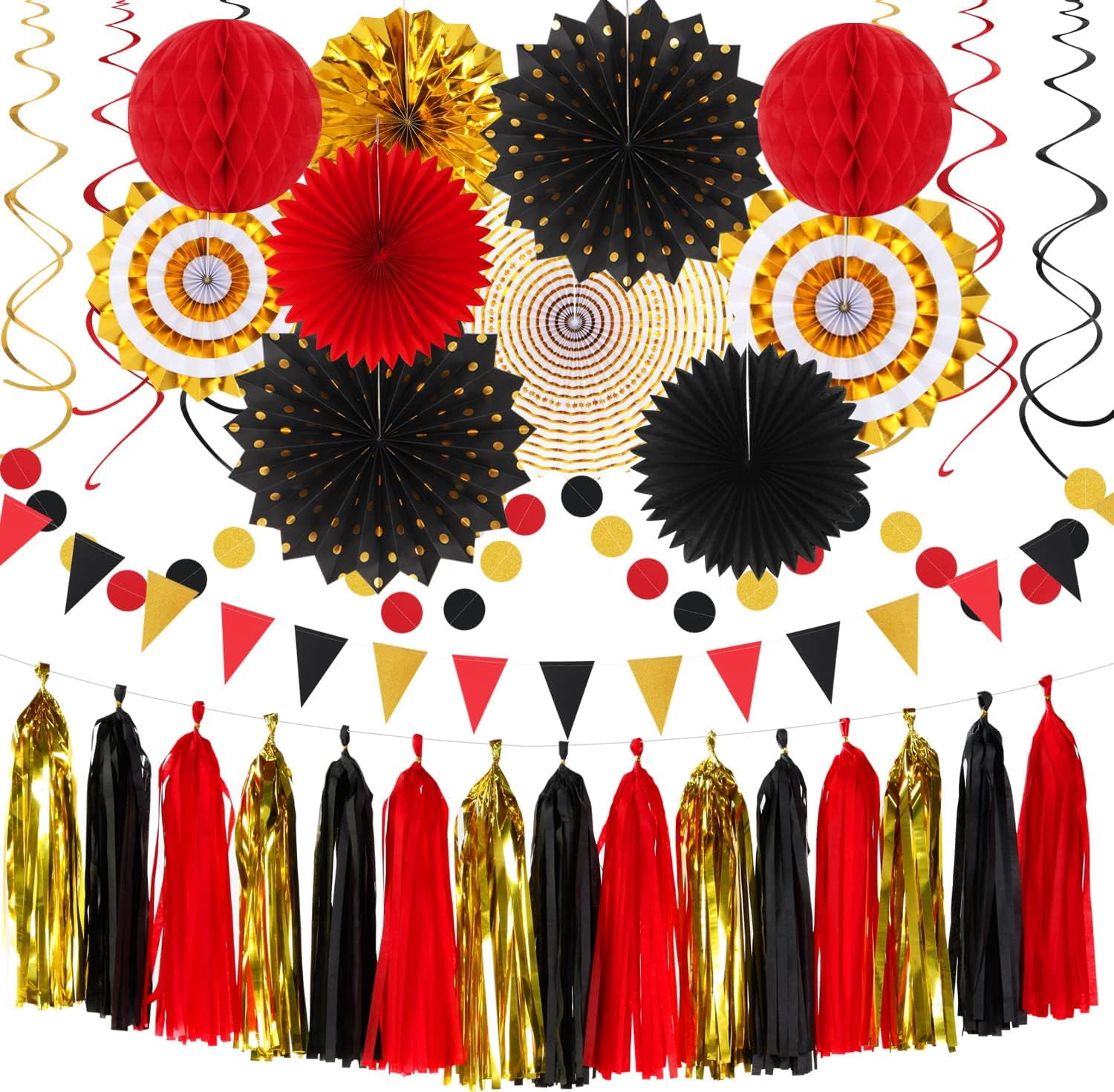 NestE Red Black-Gold Casino Theme Party-Decorations - 33pcs Kits Game Night Graduation Banner, StreamersTassel Garland,Tissue Pom Poms Honeycomb, Paper Lantern Fans,Wedding Birthday Baby Shower Decor