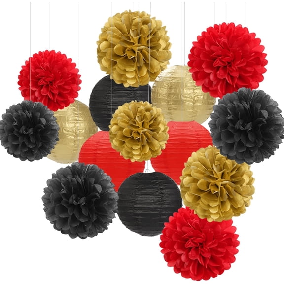 NestE-Red-Black Gold Party-Decorations Paper Flowers Lanterns - 15PCS Casino Theme Halloween Tissue Pom Poms Streamers,Game Night Women Men Birthday Wedding Bachelorette Hanging Supplies Decor