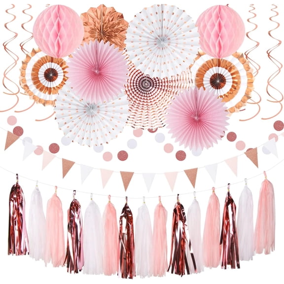NestE Rose-Gold Pink-White Graduation Party-Decorations - 33pcs Banner,Streamers Tassel Garland,Tissue Pom Poms Honeycomb,Paper Lantern Fan,Birthday Wedding Bridal Baby Shower Bachelorette Engagement