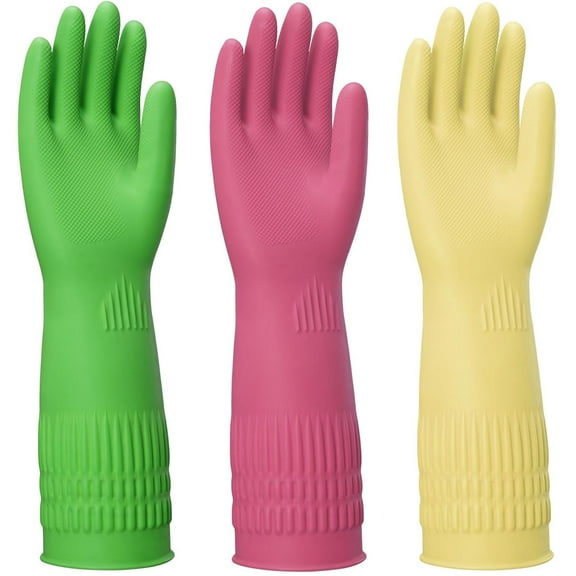 NestE Rubber Gloves for Cleaning – 3 Pairs Reusable Gloves for Dishwashing, Kitchen and Household Tasks, 15-Inch Long, Non-Slip and Waterproof (Large)