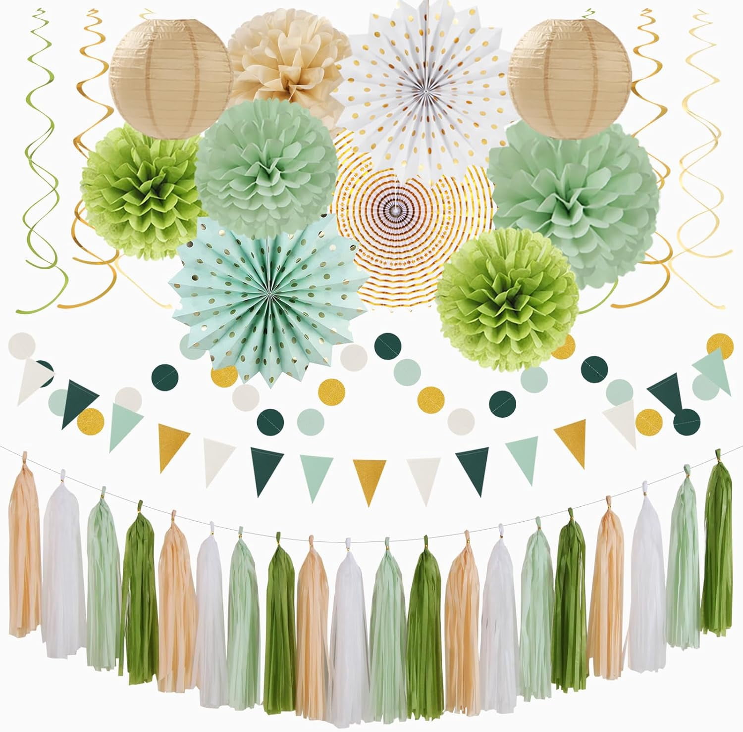 NestE Sage-Olive Green Gold Brown Boho Party-Decorations - 33pcs Paper Lanterns Fan, Banner,Streamers Tassel Garland,Tissue Pom Poms,Baby Bridal Shower Birthday Wedding Bachelorette Engagement Decor