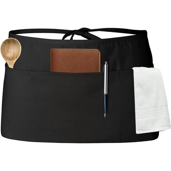 NestE Server Aprons with 3 Pockets, Waitress Waiter Waist Apron for Women Men Restaurant Home Black Half Apron
