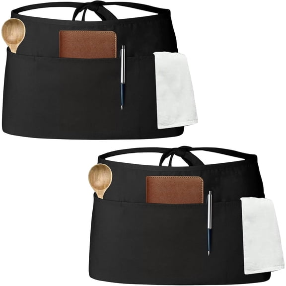 NestE Server Aprons with 3 Pockets, Waitress Waiter Waist Apron for Women Men Restaurant Home Black Half Apron