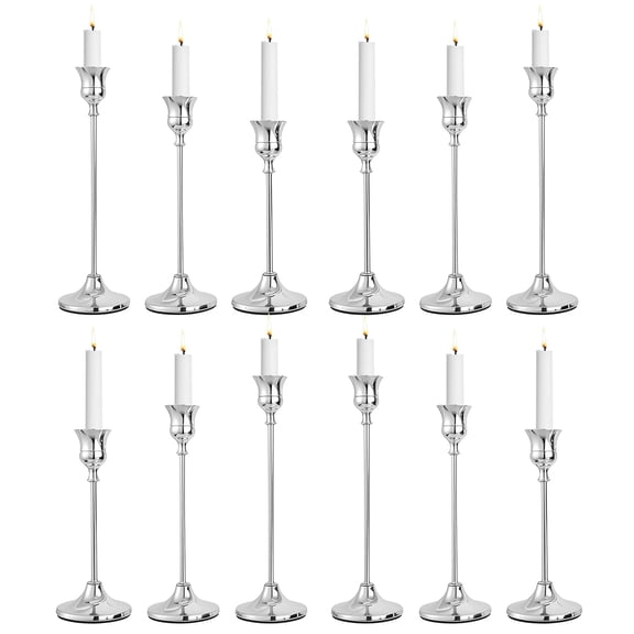 Silver Taper Candle Stick Holders Tall Candle Holder, Vintage Candlesticks Holder Bulk for Home Decor Table Centerpiece Dining Party Festival Decorations (4 Set 12Pcs)