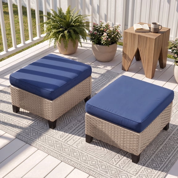 NestNook Outdoor Ottoman Set of 2, Wicker Patio Ottomans with 4" Cushions, Outdoor Footstools and Foot Rest for Patio, Porch, Balcony