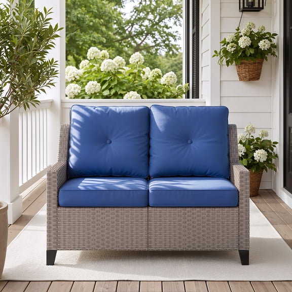 NestNook 2-Seat Outdoor Wicker Sofa Loveseat with Blue Olefin Cushions for Porch