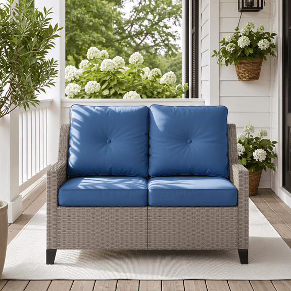 NestNook 2-Seat Outdoor Wicker Sofa Loveseat with Blue Olefin Cushions for Porch