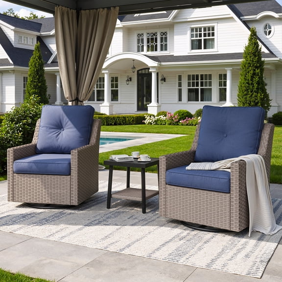 NestNook 3-Piece Wicker Patio Furniture Set with Swivel Rocking Chairs , Side Table with Cushions for Porch, Balcony, Deck, Backyard