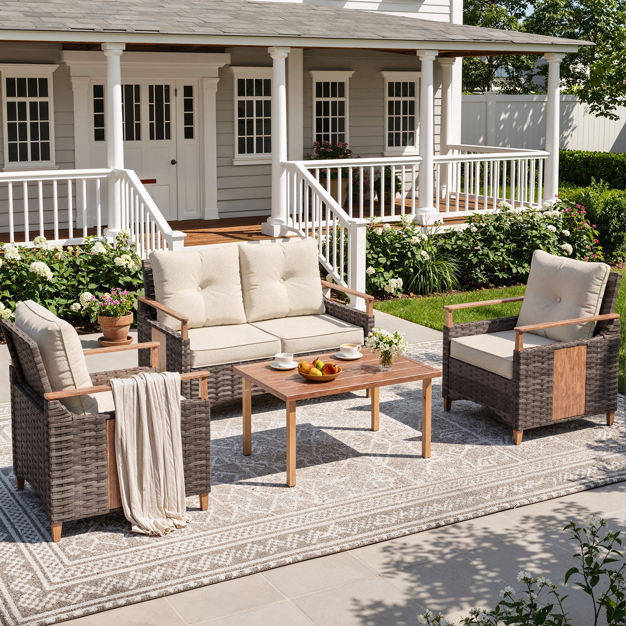 NestNook 4-Piece Wicker Patio Furniture Set, 4-Seat Conversation Set with Loveseat, 2 Fixed Chairs, Table, 330lb Weight Capacity, Waterproof Cushions