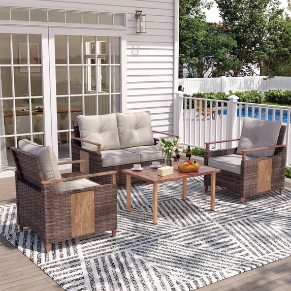 NestNook 4-Piece Wicker Patio Furniture Set, 4-Seat Conversation Set with Loveseat, 2 Fixed Chairs, Table, 330lb Weight Capacity, Waterproof Cushions