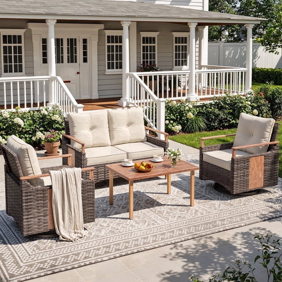NestNook 4-Piece Wicker Patio Furniture Set, 4-Seat Conversation Set with Loveseat, 2 Swivel Rocking Chairs, Table, 330lb Weight Capacity, Waterproof