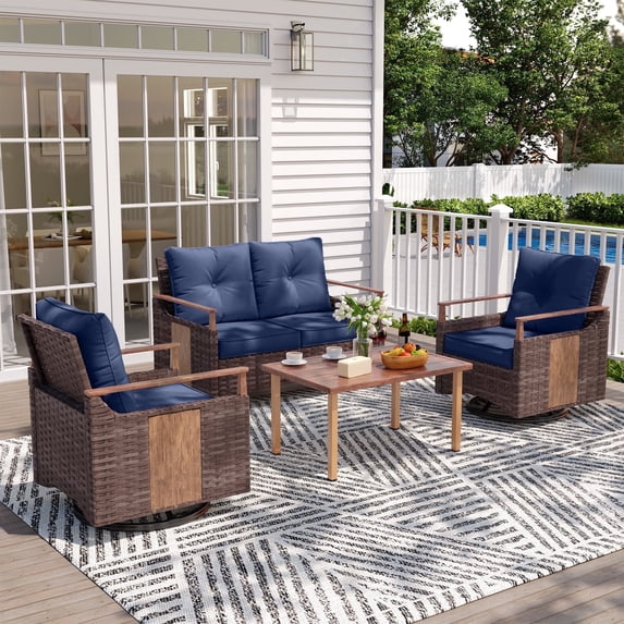NestNook 4 Pieces Outdoor Wicker Patio Furniture Set with Waterproof Cushion,2 Swivel Rocking Chairs, Loveseat & Coffee Table, 4-Seat Conversation Set for Backyard, Porch, and Poolside