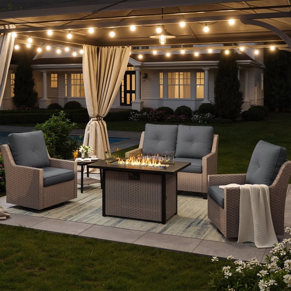 NestNook 5-Piece Outdoor Wicker Swivel Glider Patio Conversation Sets with Cushions and Fire Pit Table