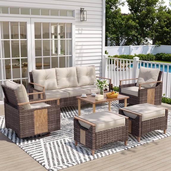 NestNook 6-Piece Wicker Patio Furniture Set, 7-Seat Conversation Set with 2 Swivel Chairs, 2 Ottomans, 3-Seat Sofa, 330lb Weight Capacity, All-Weather