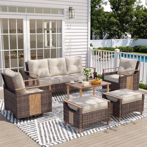 NestNook 6-Piece Wicker Patio Furniture Set, 7-Seat Conversation Set with 2 Swivel Chairs, 2 Ottomans, 3-Seat Sofa, 330lb Weight Capacity, All-Weather
