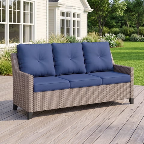 NestNook Outdoor Wicker Patio Couch, 3-Seat Durable PE Rattan Sofa with Blue Cushions for Porch, Backyard, Deck, Garden and Balcony