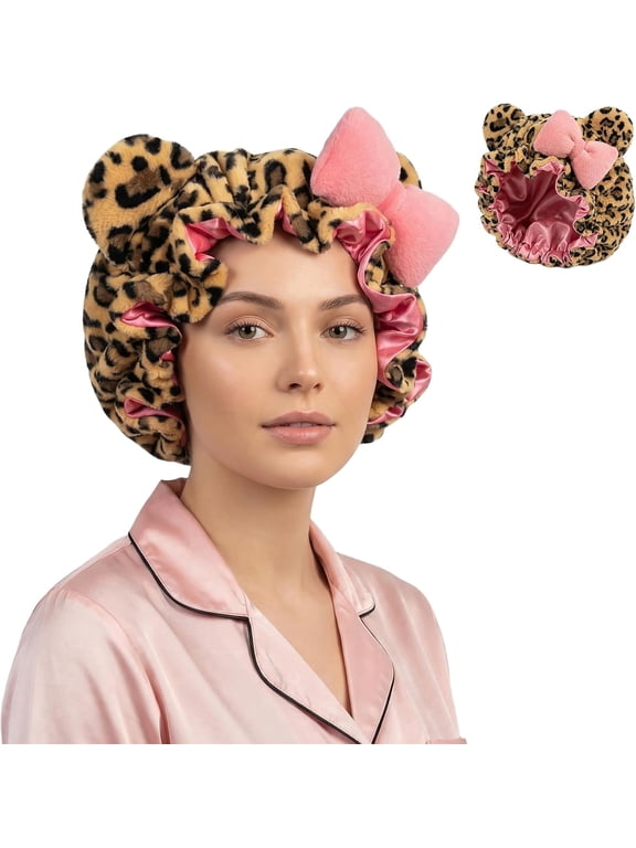 Women's Satin-Lined Teddy Bonnet, Leopard Print Sleep Cap with Bow for Hair Protection, Brown
