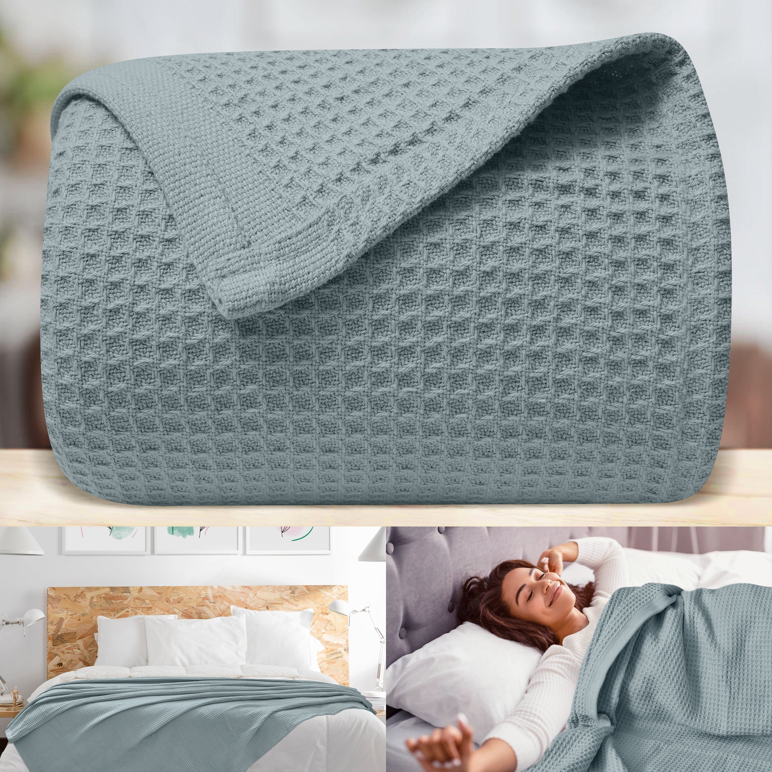 NestariaHome Waffle Blanket 100% Cotton Mint Queen Size 90x90 Inches –  405GSM