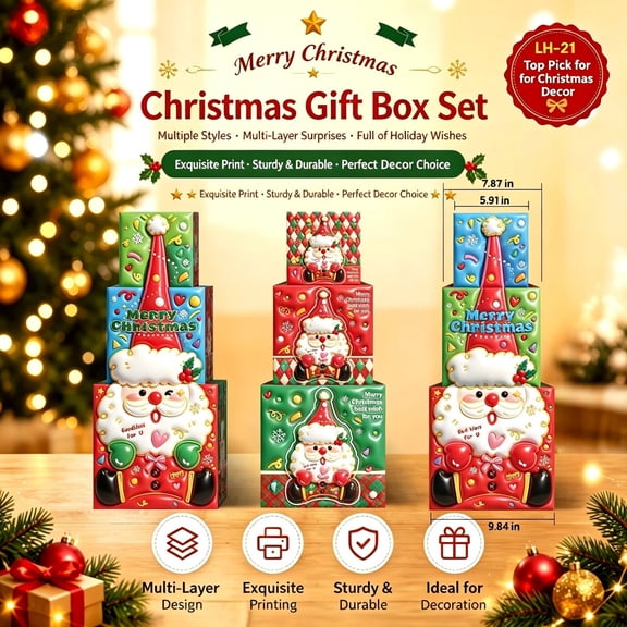 Nested Christmas Gift Boxes Set of 3, Decorative Cardboard Present Boxes 5.9 in, 7.8 in, 9.8 in for Tree Mantel