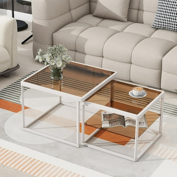 Nested Coffee Table Set with High-Low Combination Design, Modern Brown Tempered Glass Cocktail Table with Metal Frame, Length Adjustable 2-Tier Center End Table for Living Room（Brown & White）