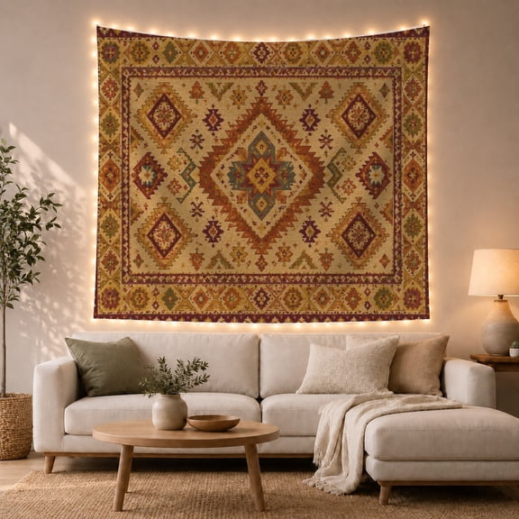 Nested Diamond Geometric Print on Beige Background, Cozy Boho for Home Enthusiasts, Ethnic Wall Decor, Housewarming Gift, Tapestry Wall Hanging for Living Room and Bedroom