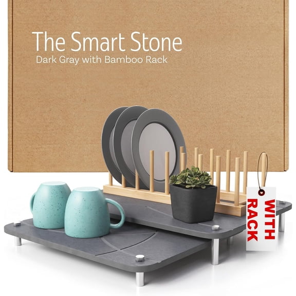 Nested Dish Drying Stone Mat with Rack | 2 count Diatomaceous Earth Stone Drying Mats for Kitchen Counter with Non-Slip | Collapsible Large Drying Stone for Dishes (Dark Gray)
