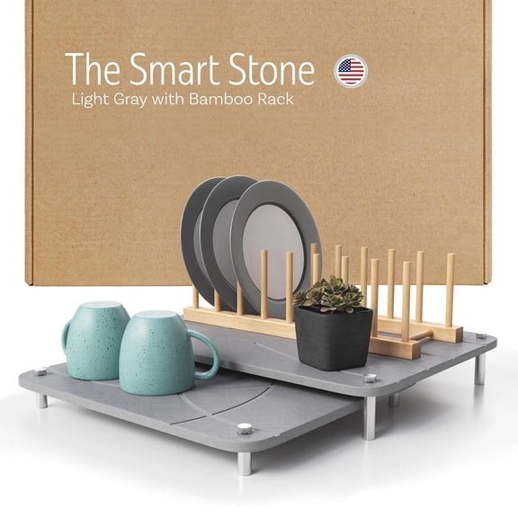 Nested Dish Drying Stone Mat with Rack | 2 count Diatomaceous Earth Stone Drying Mats for Kitchen Counter with Non-Slip | Collapsible Large Drying Stone for Dishes (Light Gray)