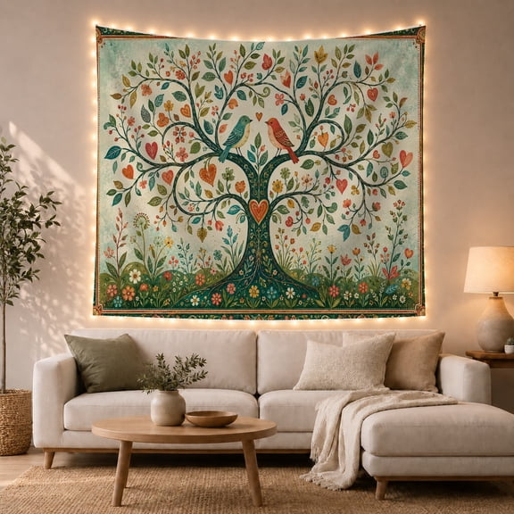 Nested Heart Shapes with Tree Life Forms Core, Playful Retro for Retro Decor Lovers, Heart Wall Art, Valentine'S Day Gift, Tapestry Wall Hanging for Bedroom, Living Room and Dorm