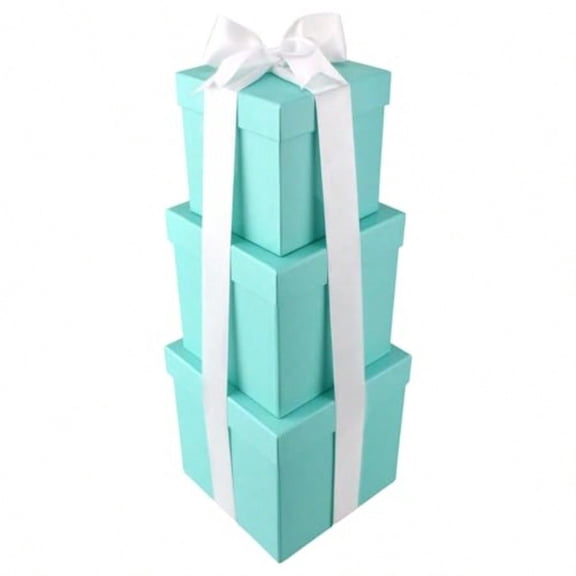 Nested Square Gift Boxes Robin's Egg Blue 5inch 6inch 7inch 3piece 1.5inch White Satin Ribbon