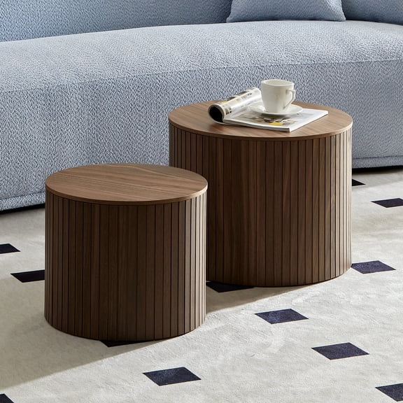 Nested Table Of 2, Walnut Color Coffee Table, Round Shape For Living/lounge Area, 2 Tables, , Stylish And Space Saving Living Area
