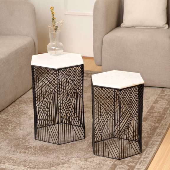 Nested Tables | Hexagon Marble Top Side Tables | Set of 2