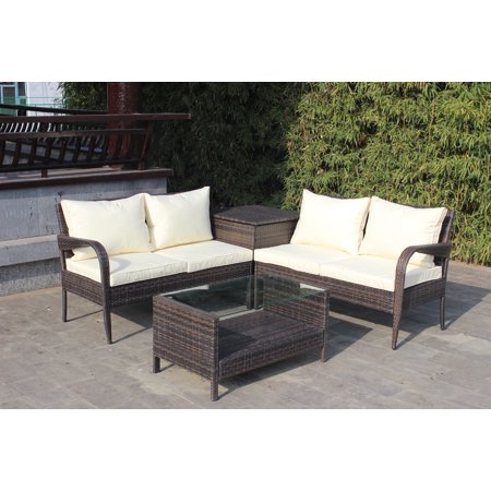 Nestfair 4-Piece Patio Sectional Sofa, Wicker Rattan Sofa Set,Tempered Glass Table,Storage Box,Brown/Beige