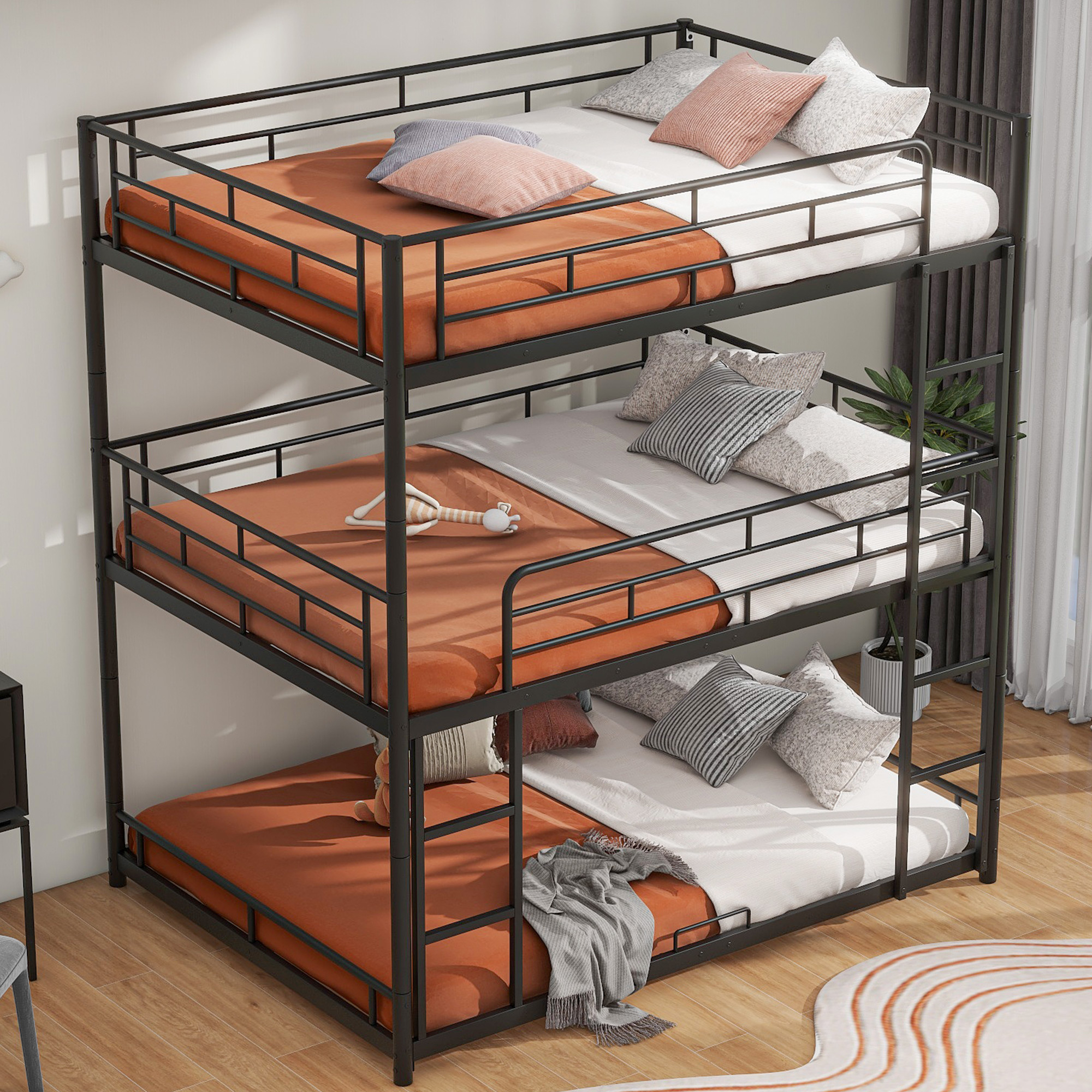 Nestfair Black Full Size Metal Triple Bunk Bed