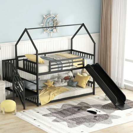 Nestfair Black Twin over Twin Metal Bunk Bed House Bed with Slide and Staircase