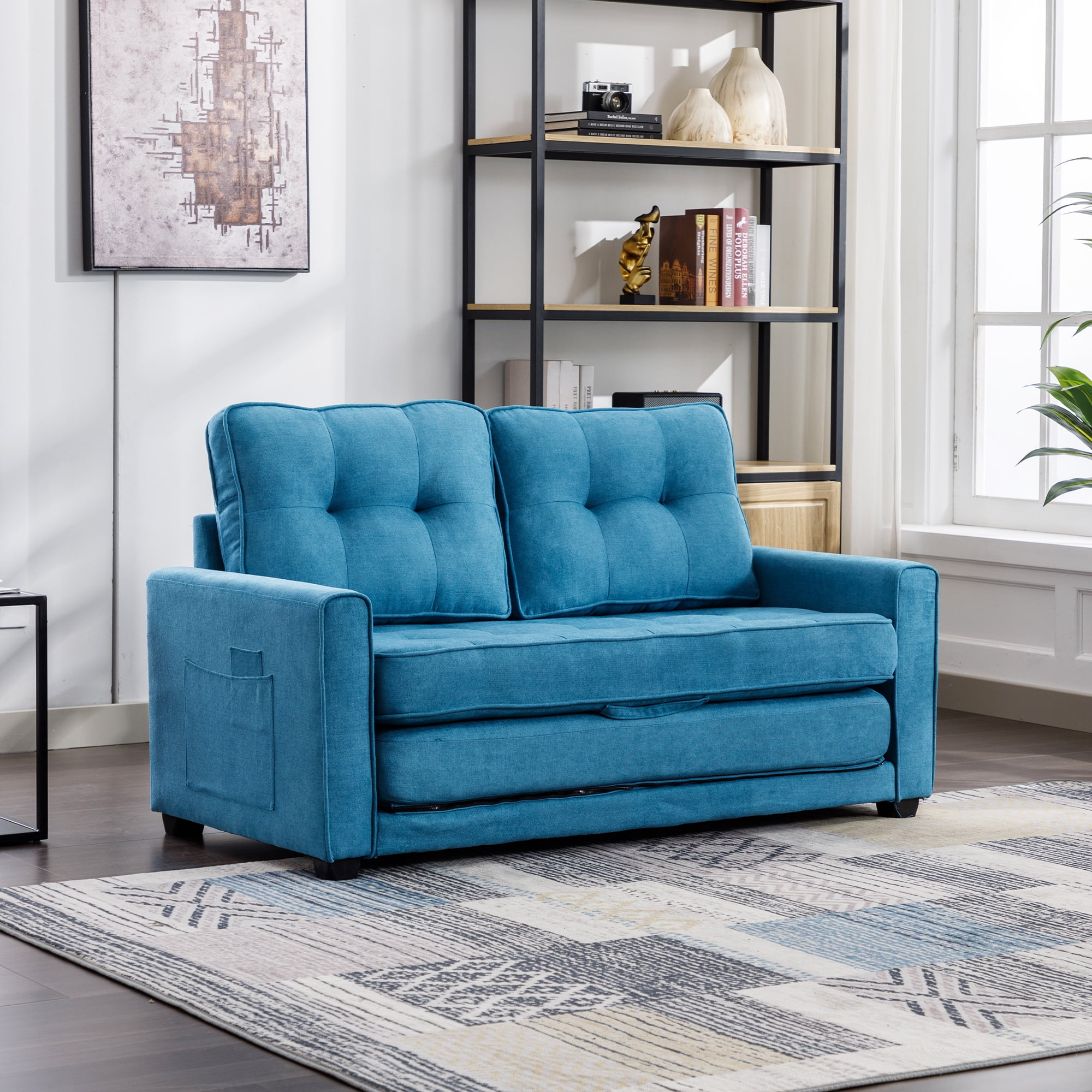 Nestfair Blue 59.4" Upholstered Modern Loveseat Sofa with PullOut Bed