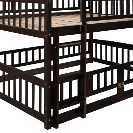 Nestfair  Full Over Full Low Bunk Bed with Fence and Ladder Espresso