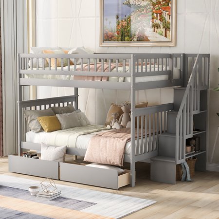 Nestfair Gray Full Over Full Bunk Bed with Two Drawers and Ladder