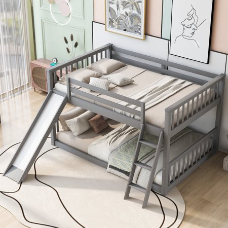 Nestfair Gray Full over Full Bunk Bed with Convertible Slide and Ladder