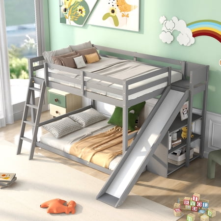 Nestfair Gray Full over Full Bunk Bed with Ladder, Slide and Shelves