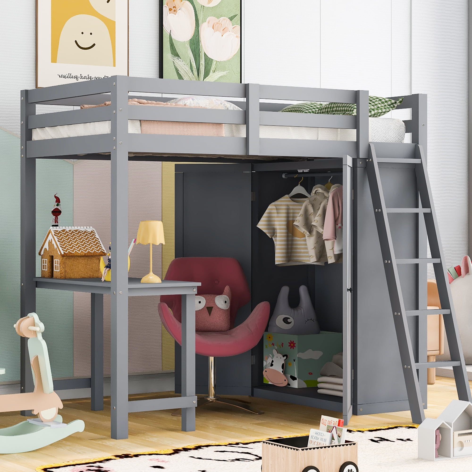 Twin Size Loft Bed with Desk and Shelves in Gray