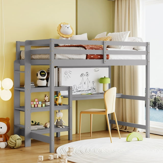 Nestfair Gray Twin Size Wooden Loft Bed with Shelves, Desk and Writing Board