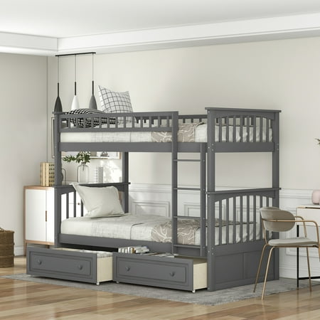 Nestfair Gray Twin over Twin Convertible Bunk Bed with Drawers for Teens
