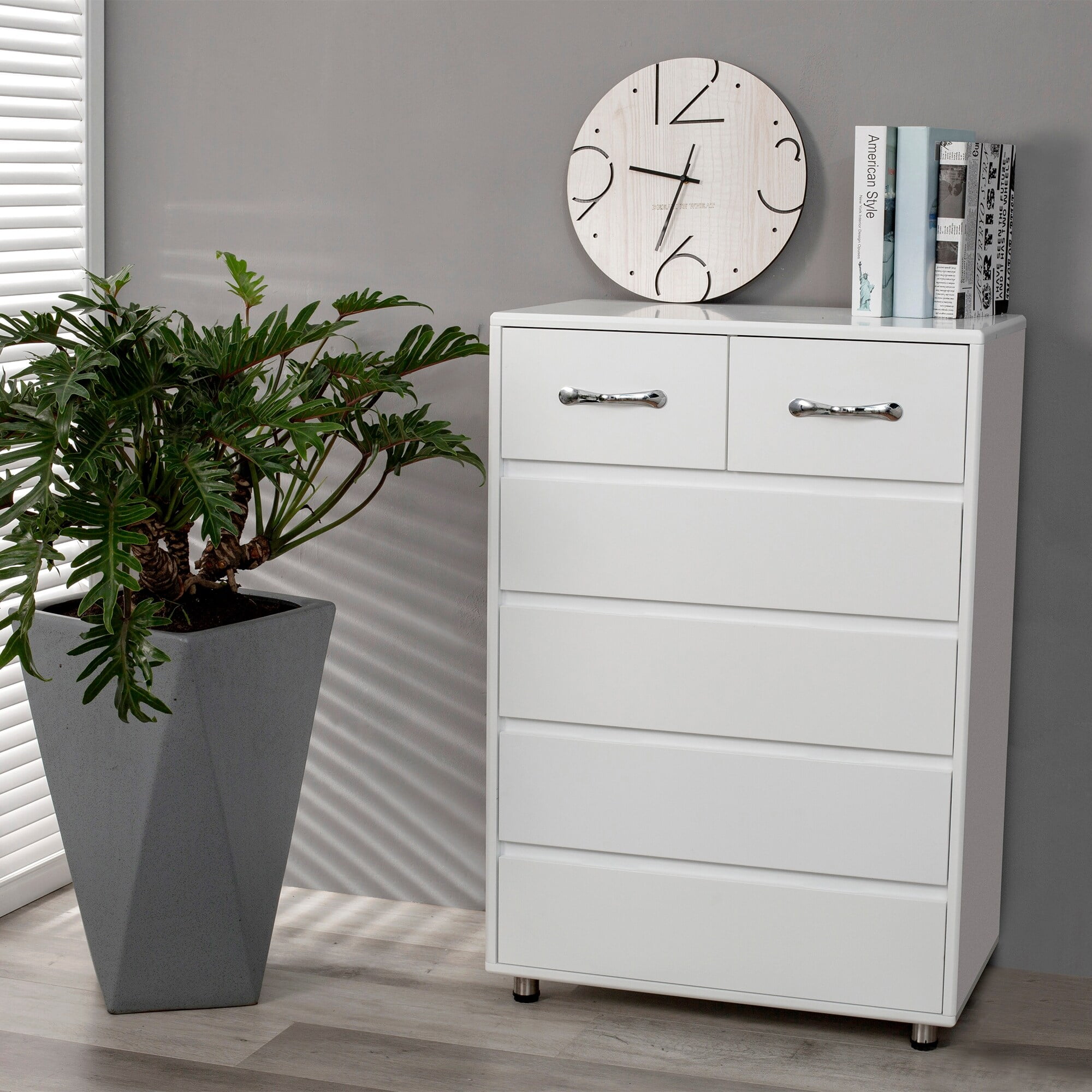 White Modern 6-Drawer Dresser with Steel Legs