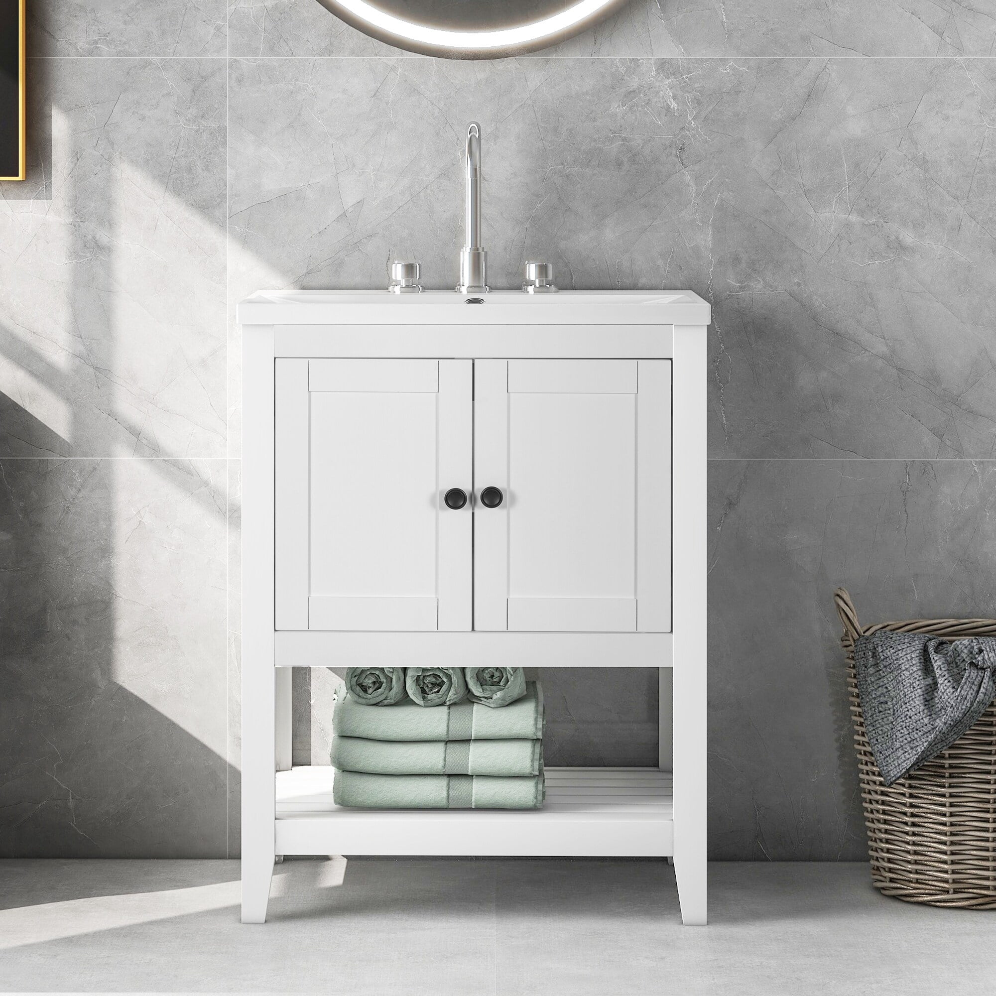 Nestfair Modern Sleek Bathroom Vanity Elegant Ceramic Sink with Solid ...