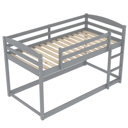 Nestfair  Twin over Twin Floor Bunk Bed with Ladder Grey